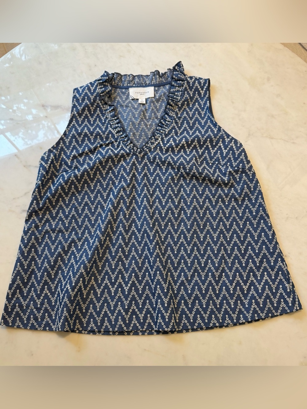 Tuckernuck Pomander Place blue white eyelet embroidered ruffle neck top